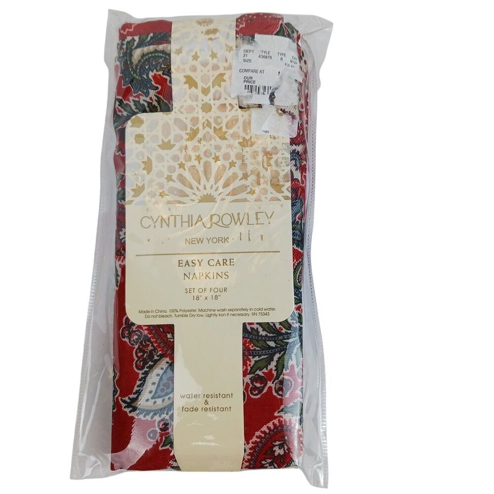 CYNTHIA ROWLEY Cloth Table Napkins New In Package Set Of 4 Paisley Red 18" Sq.